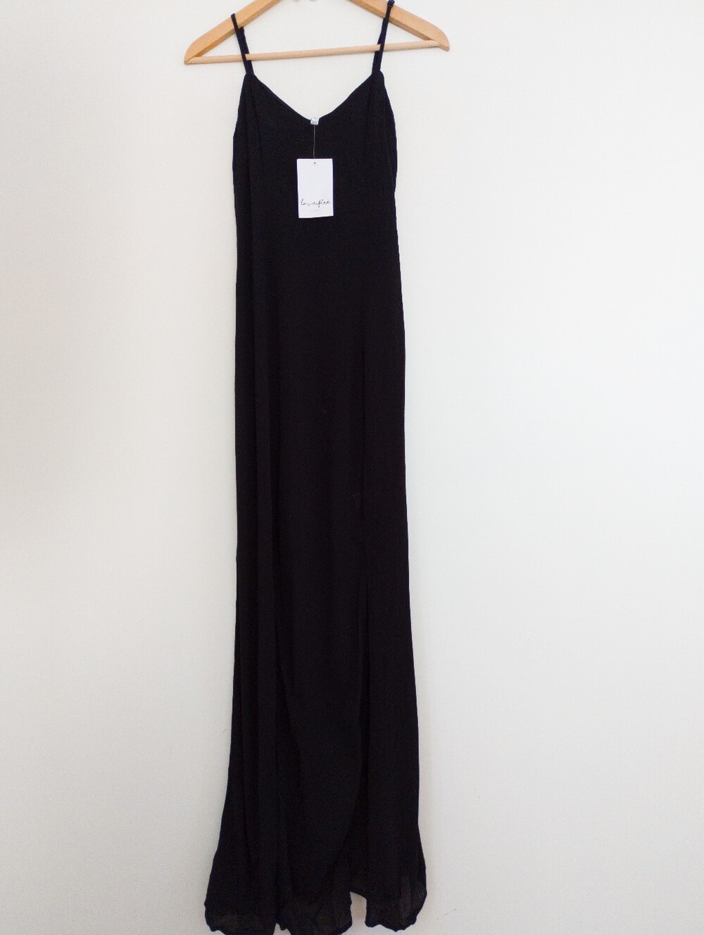 Love, Fire Black Rayon Textured Spaghetti Strap Maxi Dress Slits Size Medium